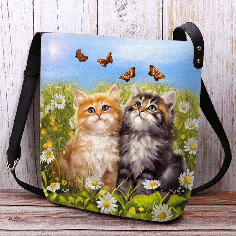 Femmes Feutre Style Campagnard Dessin Animé Chats Imprimer Personnalité Sac À Bandoulière Sac À Bandoulière