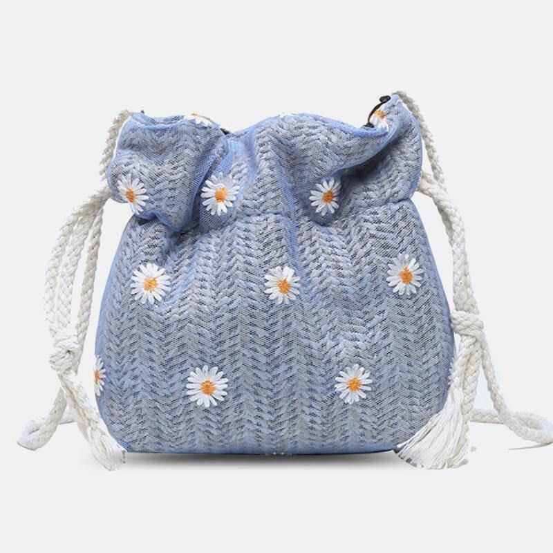 Femmes Paille Marguerite Tournesol Motif Imprimé Décontracté Chaîne Dentelle Sac Plage Sac Seau Sac Bandoulière Sac À Main