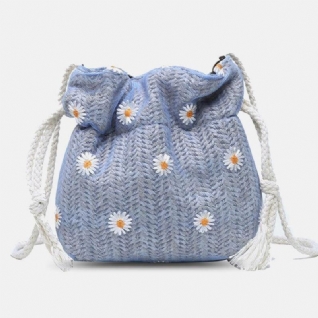 Femmes Paille Marguerite Tournesol Motif Imprimé Décontracté Chaîne Dentelle Sac Plage Sac Seau Sac Bandoulière Sac À Main