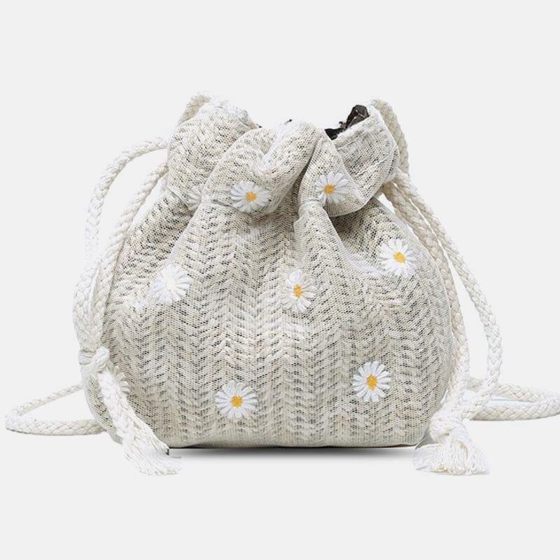 Femmes Paille Marguerite Tournesol Motif Imprimé Décontracté Chaîne Dentelle Sac Plage Sac Seau Sac Bandoulière Sac À Main