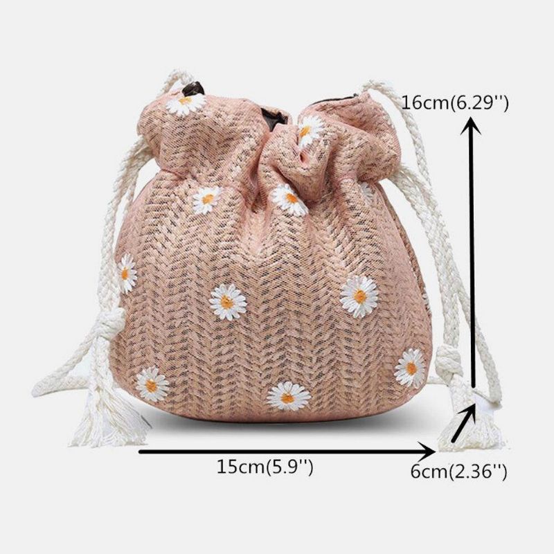 Femmes Paille Marguerite Tournesol Motif Imprimé Décontracté Chaîne Dentelle Sac Plage Sac Seau Sac Bandoulière Sac À Main