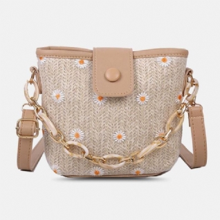 Femmes Straw Lace Daisy Sunflower Pattern Print Chains Hasp Crossbody Bag Sac À Bandoulière Sac À Main