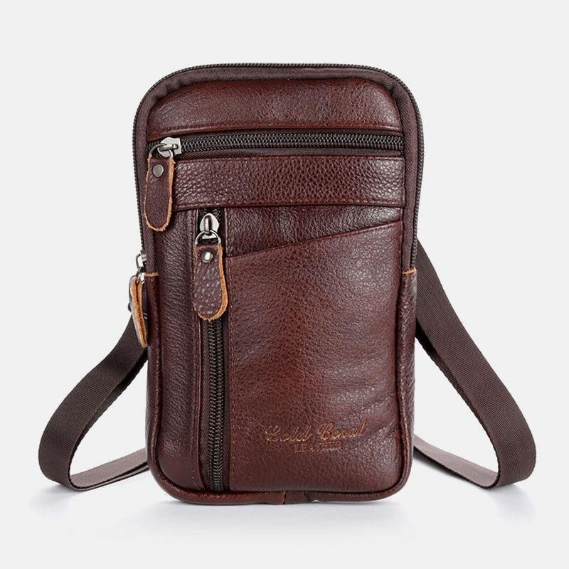 Hommes En Cuir Véritable Grande Capacité Vintage 6.5 Pouces Sac De Téléphone Sac De Taille Sac À Bandoulière Sac À Bandoulière