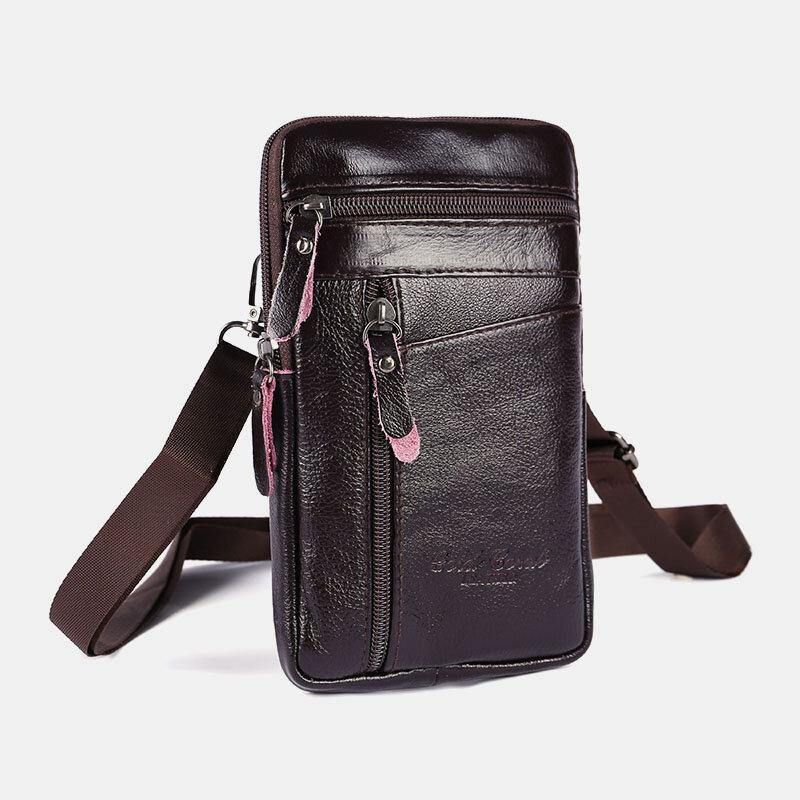 Hommes En Cuir Véritable Grande Capacité Vintage 6.5 Pouces Sac De Téléphone Sac De Taille Sac À Bandoulière Sac À Bandoulière