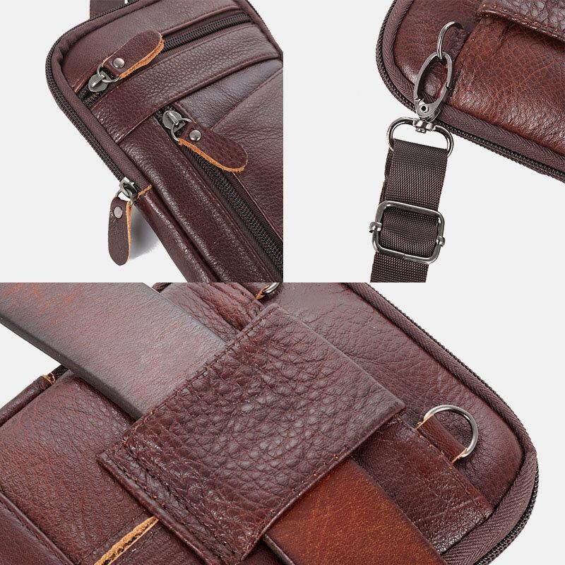 Hommes En Cuir Véritable Grande Capacité Vintage 6.5 Pouces Sac De Téléphone Sac De Taille Sac À Bandoulière Sac À Bandoulière