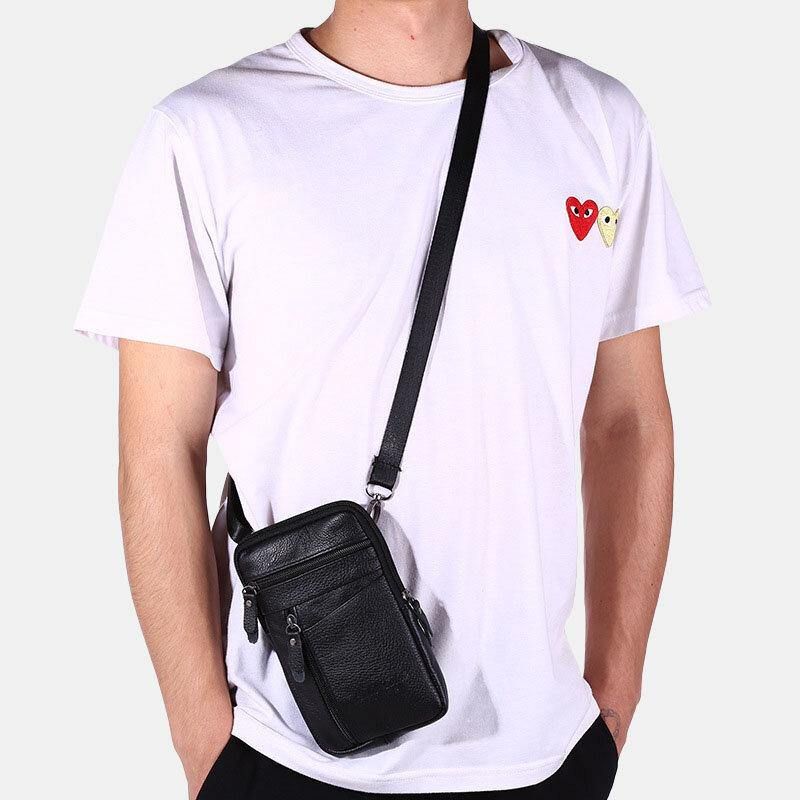 Hommes En Cuir Véritable Grande Capacité Vintage 6.5 Pouces Sac De Téléphone Sac De Taille Sac À Bandoulière Sac À Bandoulière