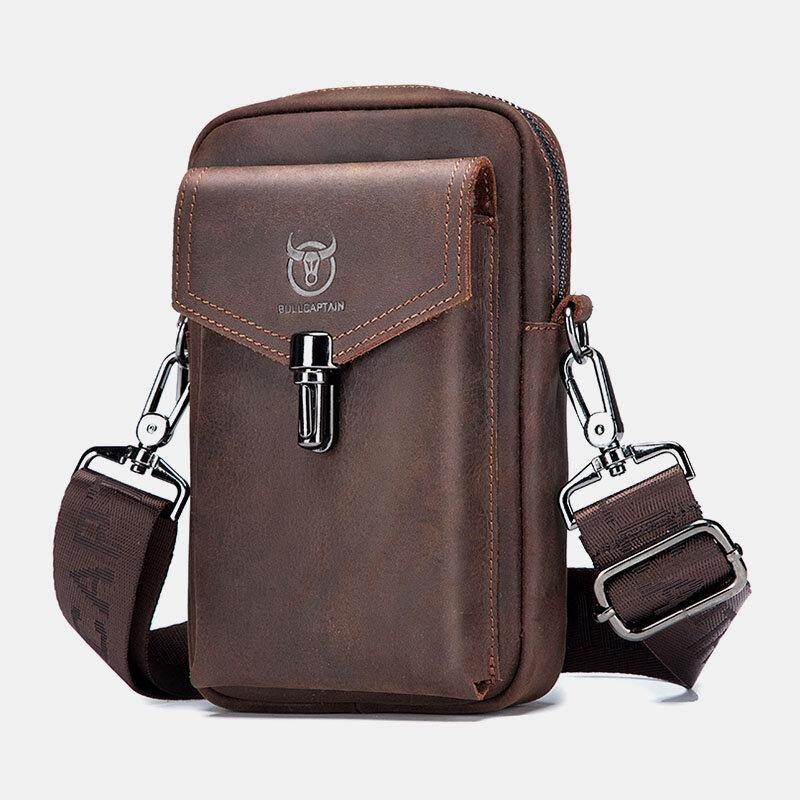 Hommes En Cuir Véritable Grande Capacité Vintage 6.5 Pouces Sac De Téléphone Sac De Taille Sac À Bandoulière Sac À Bandoulière