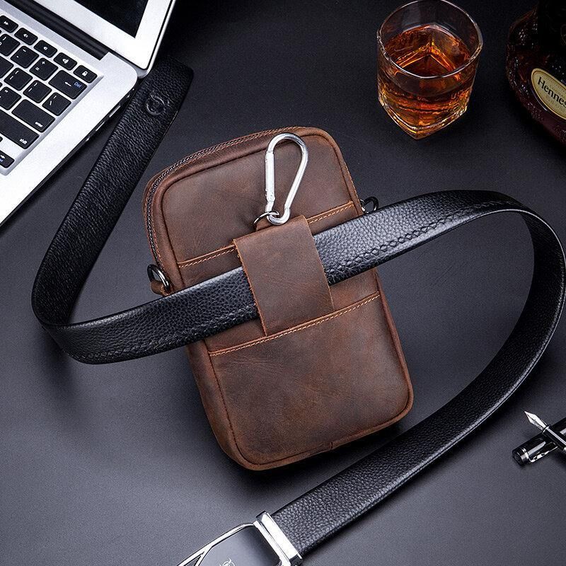 Hommes En Cuir Véritable Grande Capacité Vintage 6.5 Pouces Sac De Téléphone Sac De Taille Sac À Bandoulière Sac À Bandoulière