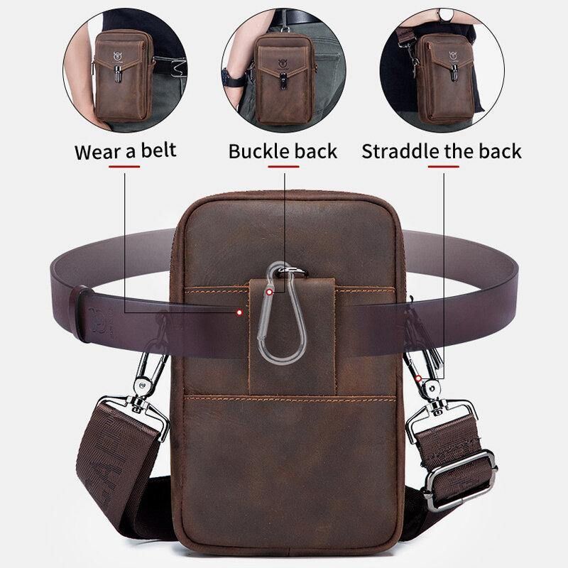 Hommes En Cuir Véritable Grande Capacité Vintage 6.5 Pouces Sac De Téléphone Sac De Taille Sac À Bandoulière Sac À Bandoulière