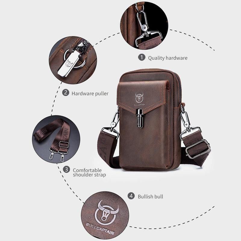 Hommes En Cuir Véritable Grande Capacité Vintage 6.5 Pouces Sac De Téléphone Sac De Taille Sac À Bandoulière Sac À Bandoulière