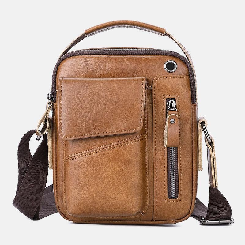 Hommes En Cuir Véritable Multi-poches Casque Trou Vintage 6.5 Pouces Téléphone Sac Bandoulière Sac À Bandoulière Messenger Porte-documents