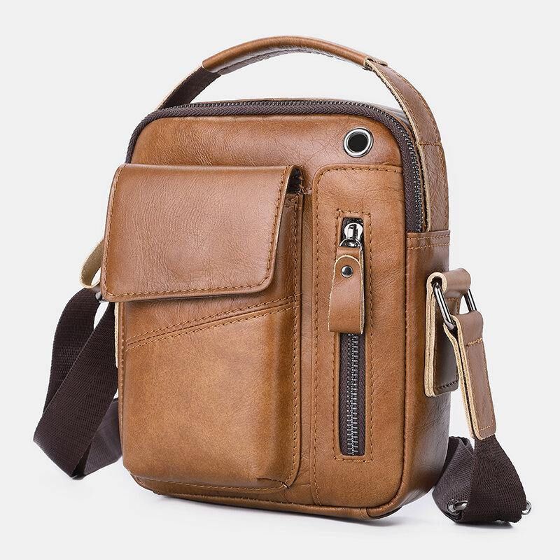 Hommes En Cuir Véritable Multi-poches Casque Trou Vintage 6.5 Pouces Téléphone Sac Bandoulière Sac À Bandoulière Messenger Porte-documents