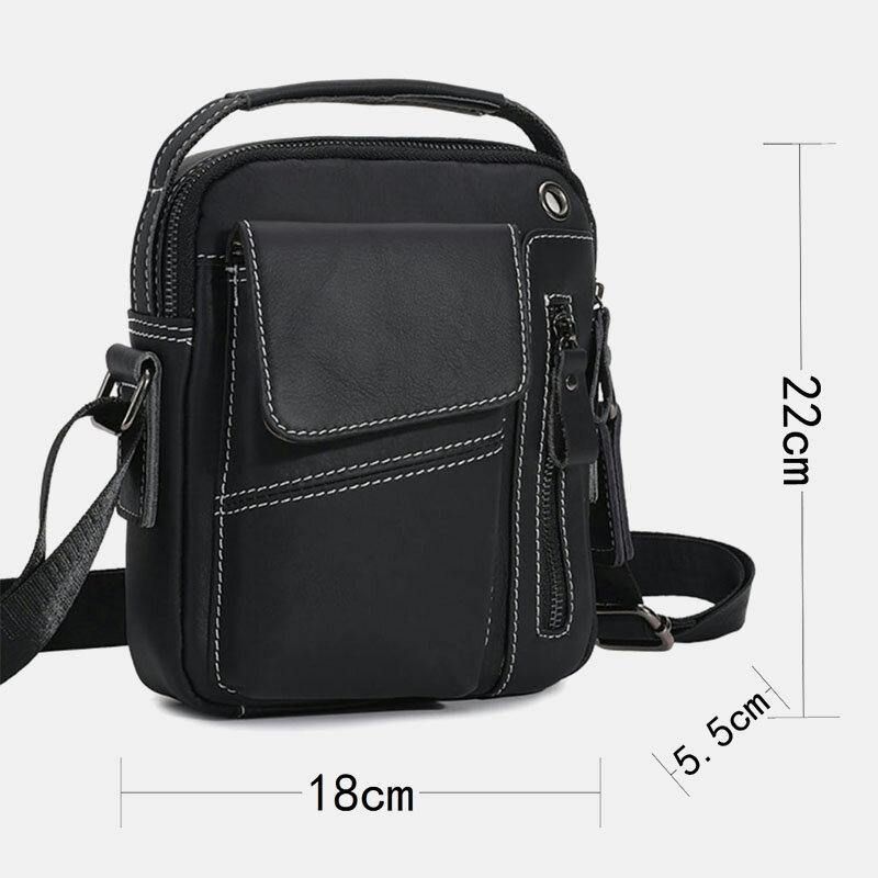 Hommes En Cuir Véritable Multi-poches Casque Trou Vintage 6.5 Pouces Téléphone Sac Bandoulière Sac À Bandoulière Messenger Porte-documents