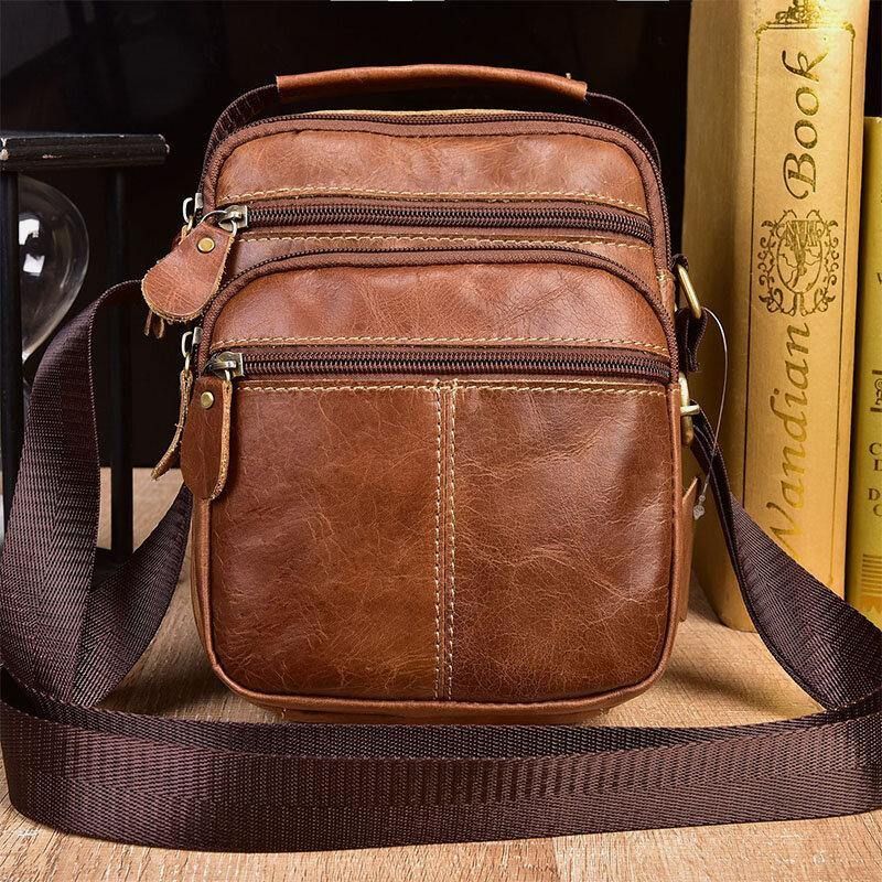 Hommes En Cuir Véritable Multi-poches Vintage 6.3 Pouces Téléphone Sac Bandoulière Sacs Sac À Bandoulière Sac À Main