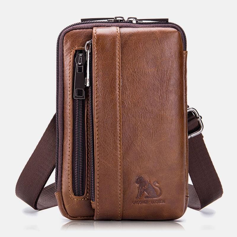 Hommes En Cuir Véritable Multi-usage Vintage Décontracté 6.5 Pouces Téléphone Taille Sac Bandoulière Sac À Bandoulière Sac