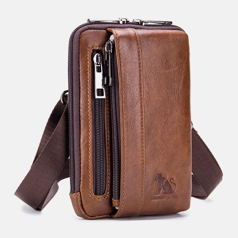 Hommes En Cuir Véritable Multi-usage Vintage Décontracté 6.5 Pouces Téléphone Taille Sac Bandoulière Sac À Bandoulière Sac