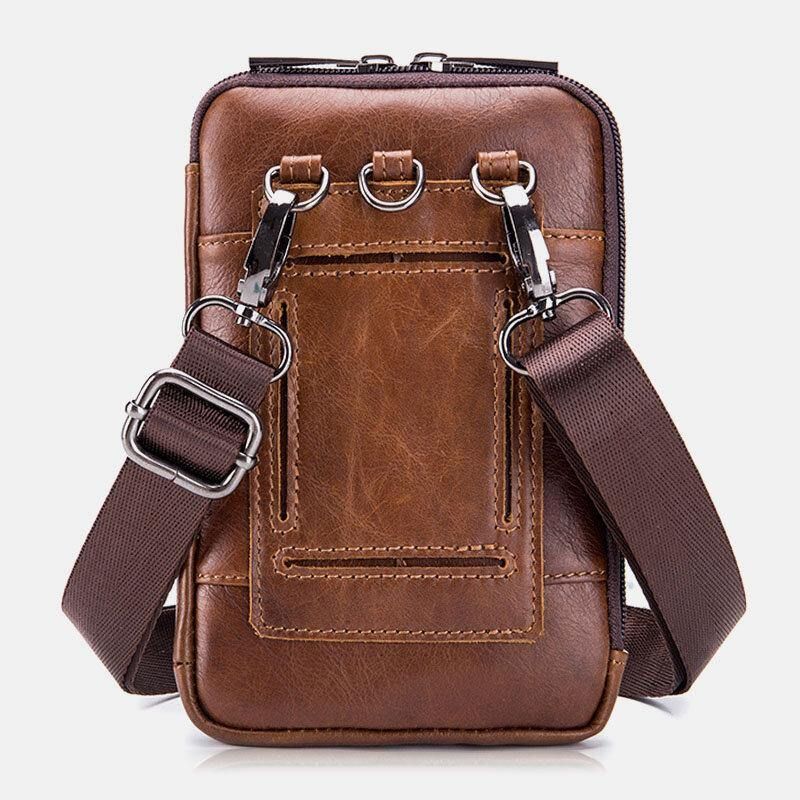 Hommes En Cuir Véritable Multi-usage Vintage Décontracté 6.5 Pouces Téléphone Taille Sac Bandoulière Sac À Bandoulière Sac