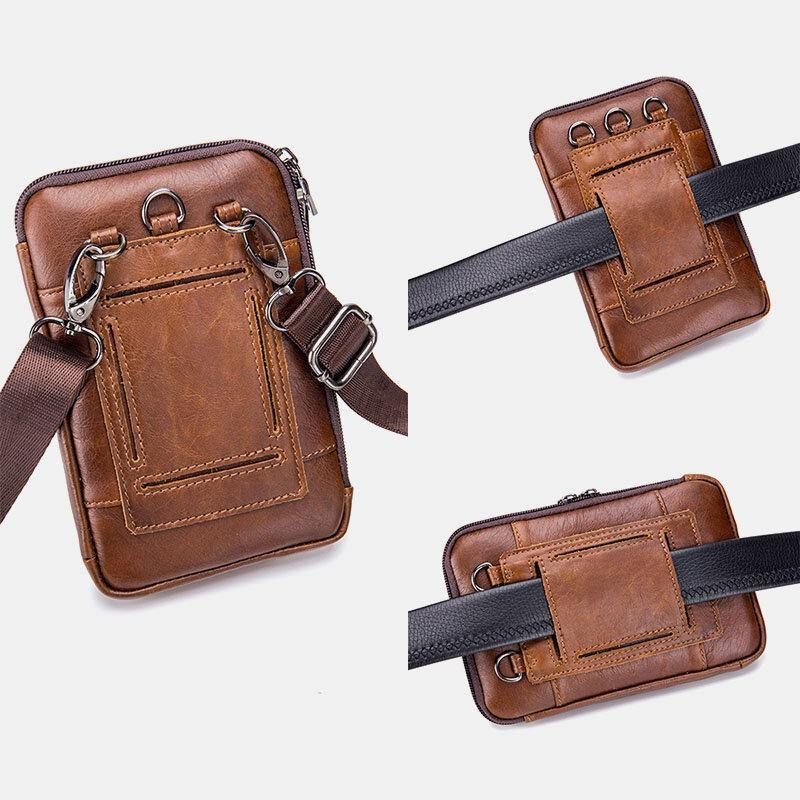 Hommes En Cuir Véritable Multi-usage Vintage Décontracté 6.5 Pouces Téléphone Taille Sac Bandoulière Sac À Bandoulière Sac