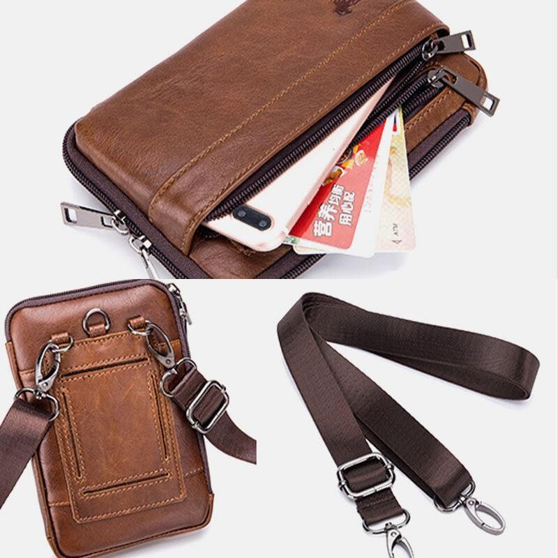 Hommes En Cuir Véritable Multi-usage Vintage Décontracté 6.5 Pouces Téléphone Taille Sac Bandoulière Sac À Bandoulière Sac