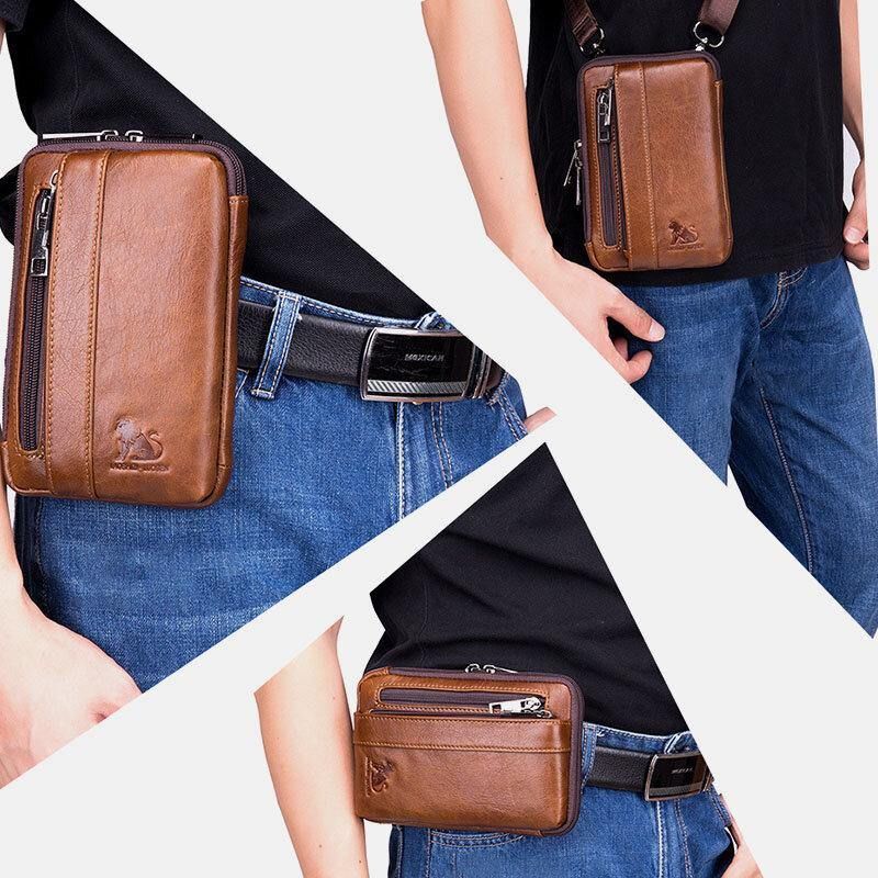 Hommes En Cuir Véritable Multi-usage Vintage Décontracté 6.5 Pouces Téléphone Taille Sac Bandoulière Sac À Bandoulière Sac