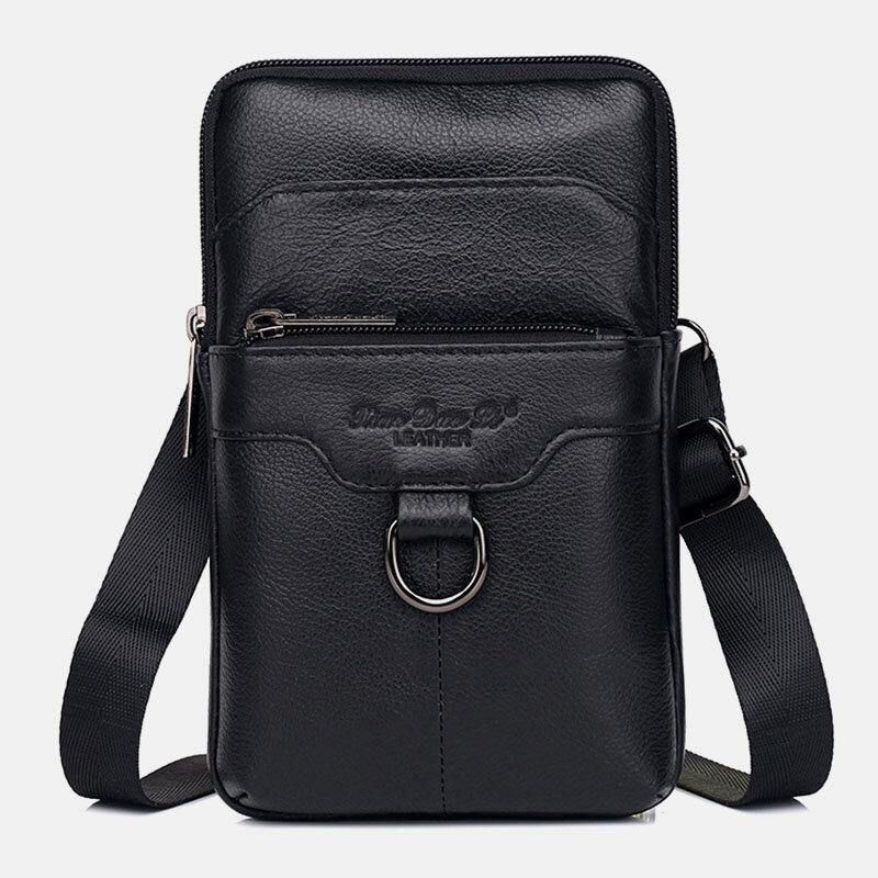 Hommes En Cuir Véritable Peau De Vache Vintage Affaires 6.5 Pouces Téléphone Sac Bandoulière Sac Taille Sac Sac À Bandoulière