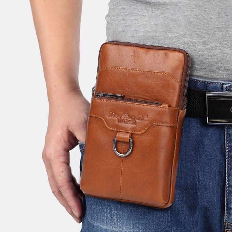 Hommes En Cuir Véritable Peau De Vache Vintage Affaires 6.5 Pouces Téléphone Sac Bandoulière Sac Taille Sac Sac À Bandoulière