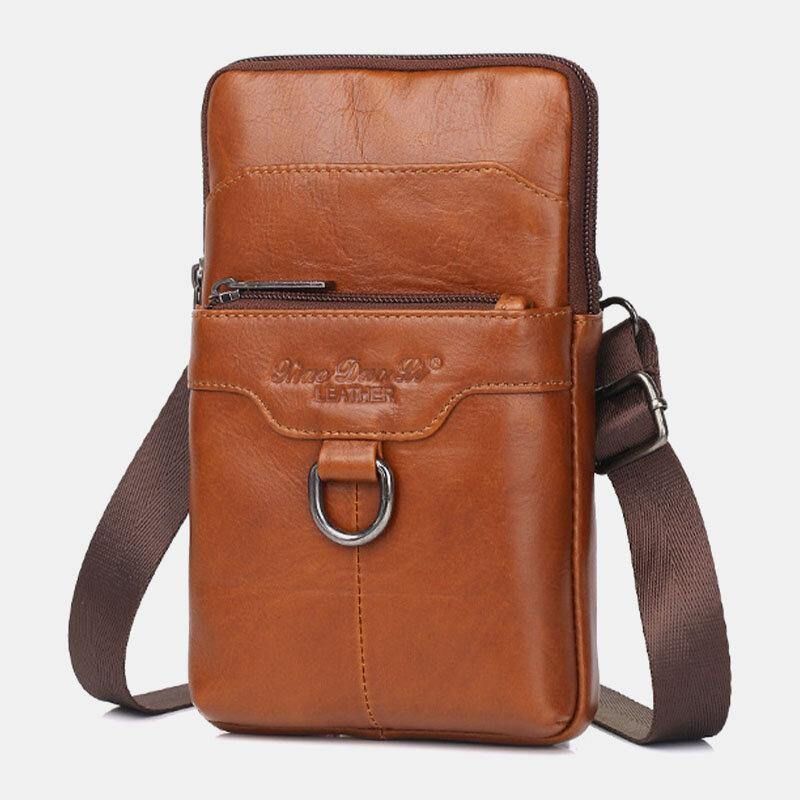 Hommes En Cuir Véritable Peau De Vache Vintage Affaires 6.5 Pouces Téléphone Sac Bandoulière Sac Taille Sac Sac À Bandoulière