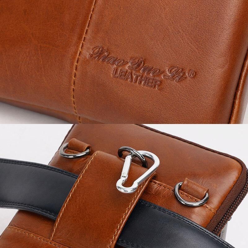 Hommes En Cuir Véritable Peau De Vache Vintage Affaires 6.5 Pouces Téléphone Sac Bandoulière Sac Taille Sac Sac À Bandoulière