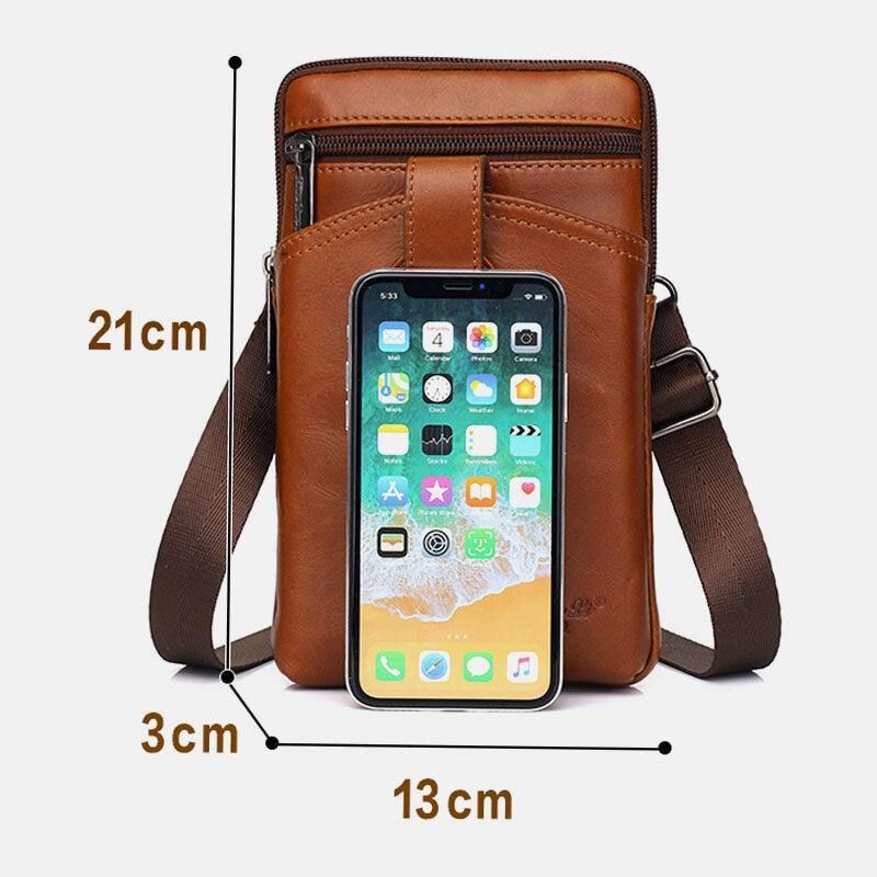 Hommes En Cuir Véritable Peau De Vache Vintage Affaires 6.5 Pouces Téléphone Sac Bandoulière Sac Taille Sac Sac À Bandoulière