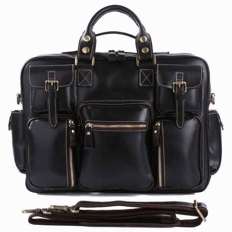 Hommes En Cuir Véritable Sangle Détachable Grand Multi-poches 15.6 Pouces Pochette D'ordinateur Porte-documents Sac De Messager Sacs À Bandoulière