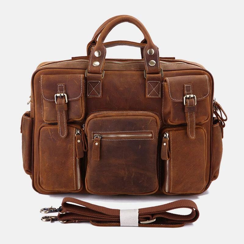 Hommes En Cuir Véritable Sangle Détachable Grand Multi-poches 15.6 Pouces Pochette D'ordinateur Porte-documents Sac De Messager Sacs À Bandoulière