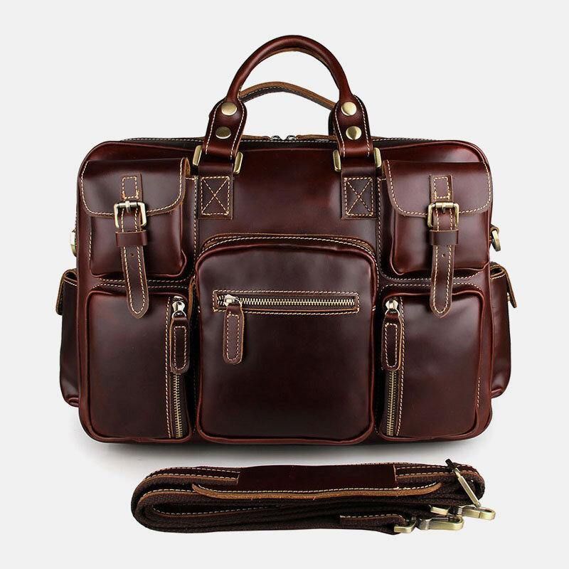 Hommes En Cuir Véritable Sangle Détachable Grand Multi-poches 15.6 Pouces Pochette D'ordinateur Porte-documents Sac De Messager Sacs À Bandoulière