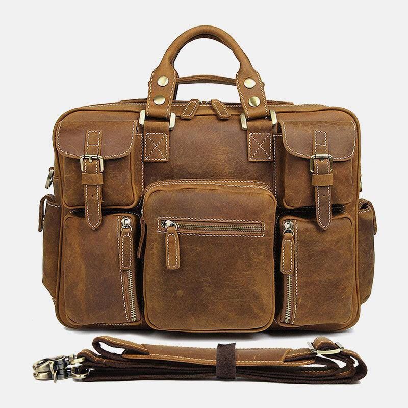 Hommes En Cuir Véritable Sangle Détachable Grand Multi-poches 15.6 Pouces Pochette D'ordinateur Porte-documents Sac De Messager Sacs À Bandoulière