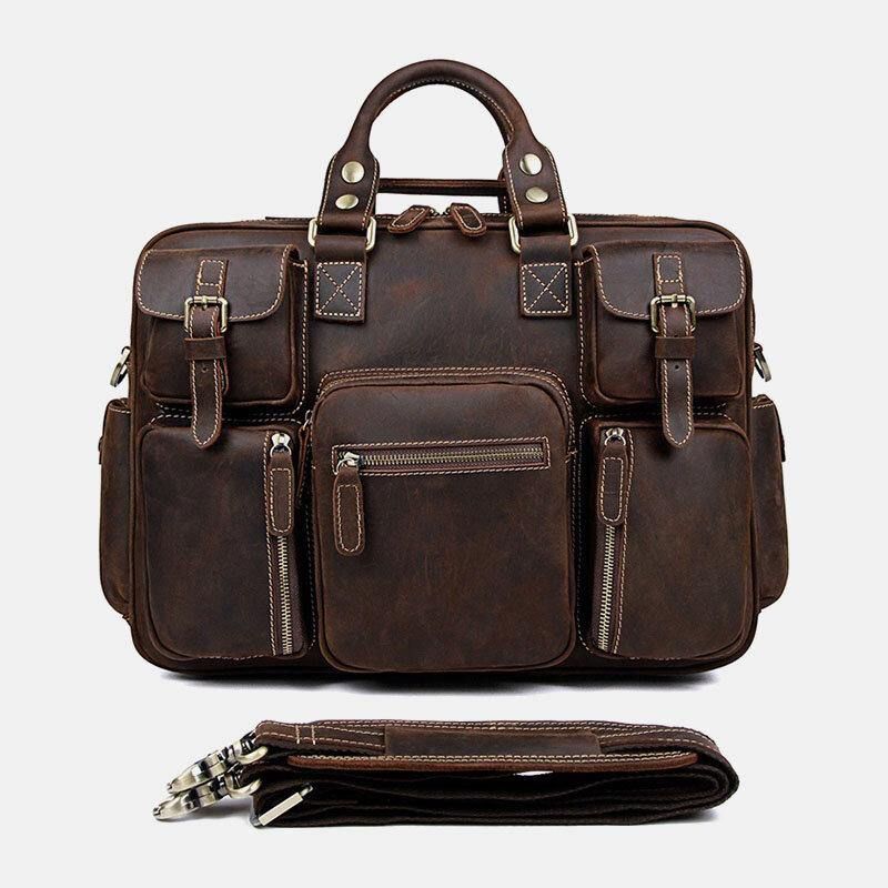 Hommes En Cuir Véritable Sangle Détachable Grand Multi-poches 15.6 Pouces Pochette D'ordinateur Porte-documents Sac De Messager Sacs À Bandoulière