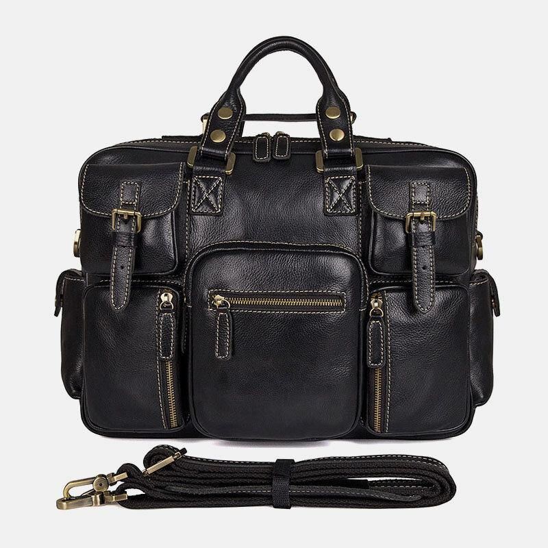 Hommes En Cuir Véritable Sangle Détachable Grand Multi-poches 15.6 Pouces Pochette D'ordinateur Porte-documents Sac De Messager Sacs À Bandoulière