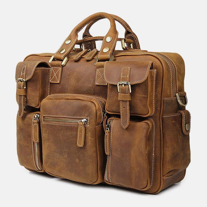 Hommes En Cuir Véritable Sangle Détachable Grand Multi-poches 15.6 Pouces Pochette D'ordinateur Porte-documents Sac De Messager Sacs À Bandoulière