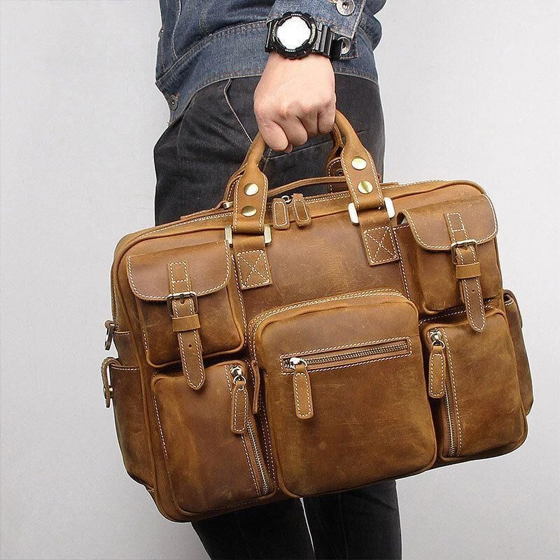 Hommes En Cuir Véritable Sangle Détachable Grand Multi-poches 15.6 Pouces Pochette D'ordinateur Porte-documents Sac De Messager Sacs À Bandoulière