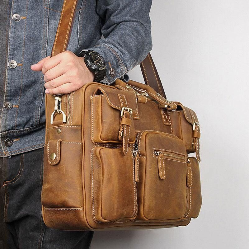 Hommes En Cuir Véritable Sangle Détachable Grand Multi-poches 15.6 Pouces Pochette D'ordinateur Porte-documents Sac De Messager Sacs À Bandoulière