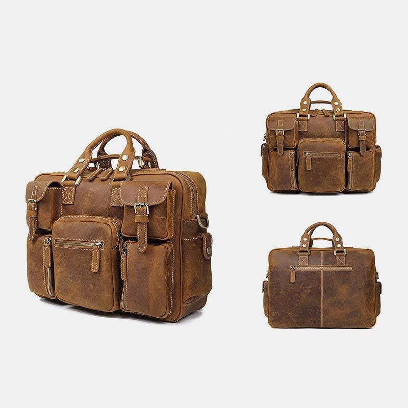 Hommes En Cuir Véritable Sangle Détachable Grand Multi-poches 15.6 Pouces Pochette D'ordinateur Porte-documents Sac De Messager Sacs À Bandoulière