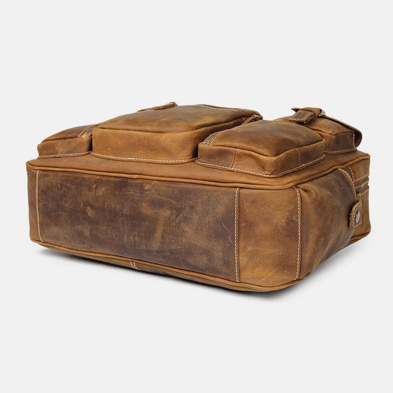 Hommes En Cuir Véritable Sangle Détachable Grand Multi-poches 15.6 Pouces Pochette D'ordinateur Porte-documents Sac De Messager Sacs À Bandoulière