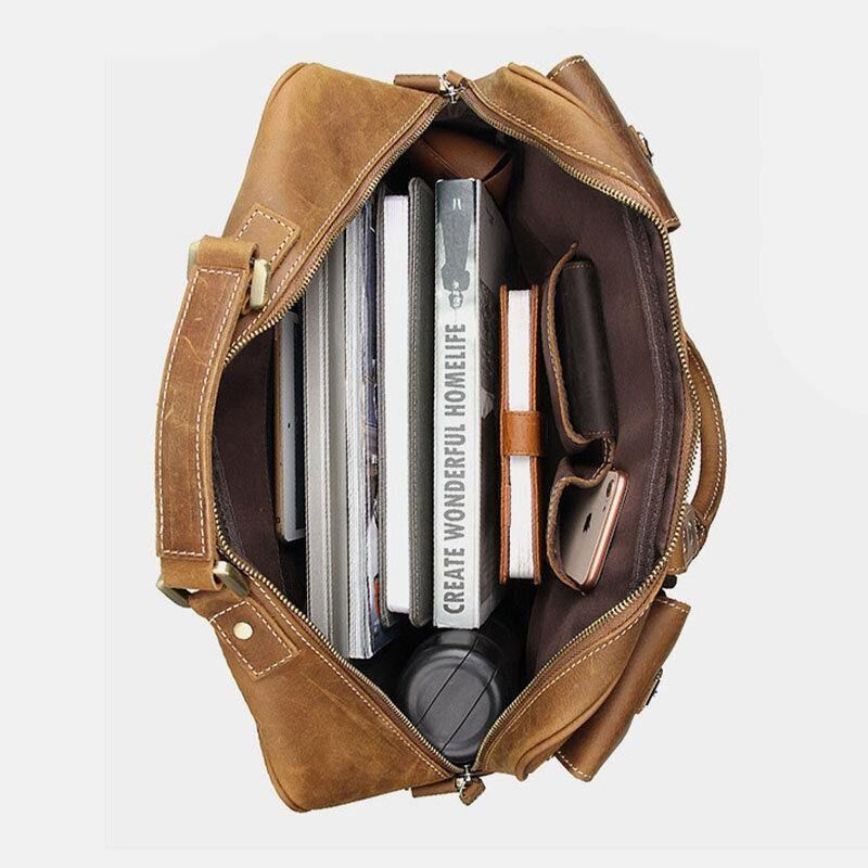 Hommes En Cuir Véritable Sangle Détachable Grand Multi-poches 15.6 Pouces Pochette D'ordinateur Porte-documents Sac De Messager Sacs À Bandoulière