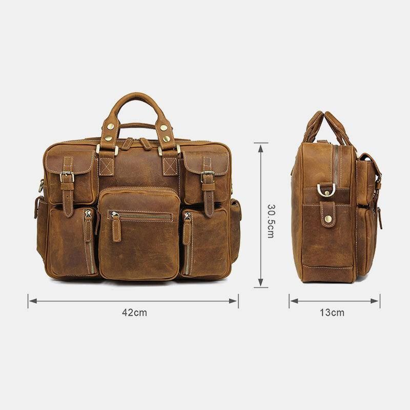 Hommes En Cuir Véritable Sangle Détachable Grand Multi-poches 15.6 Pouces Pochette D'ordinateur Porte-documents Sac De Messager Sacs À Bandoulière