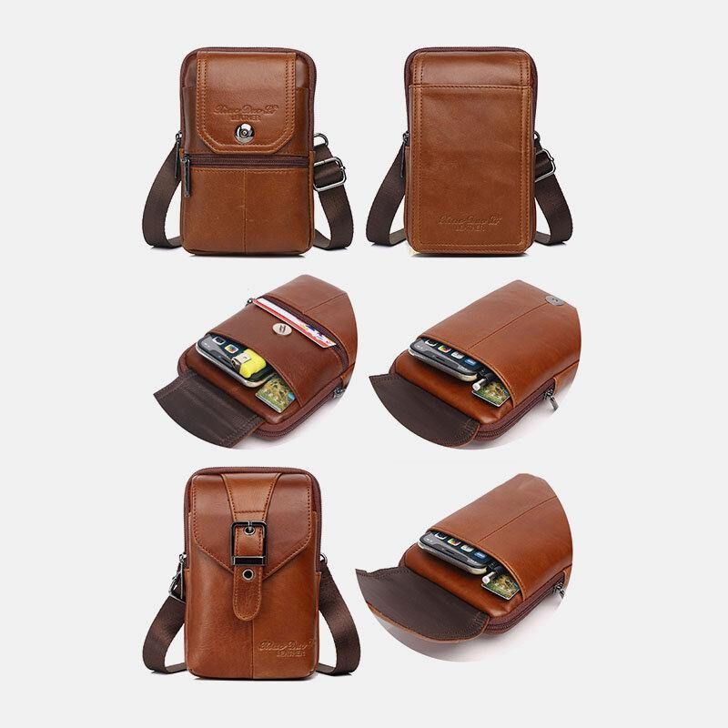 Hommes En Cuir Véritable Vintage Fente Multi-cartes 6.5 Pouces Mini Sac De Téléphone Sac À Bandoulière Sac De Taille Sac En Peau De Vache