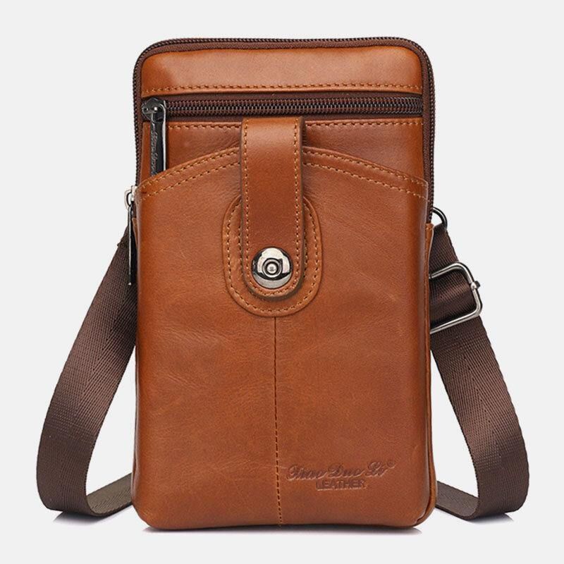 Hommes En Cuir Véritable Vintage Multifonctionnel 6.5 Pouces Fermeture Éclair Moraillon Téléphone Sac Bandoulière Sac Taille Sac