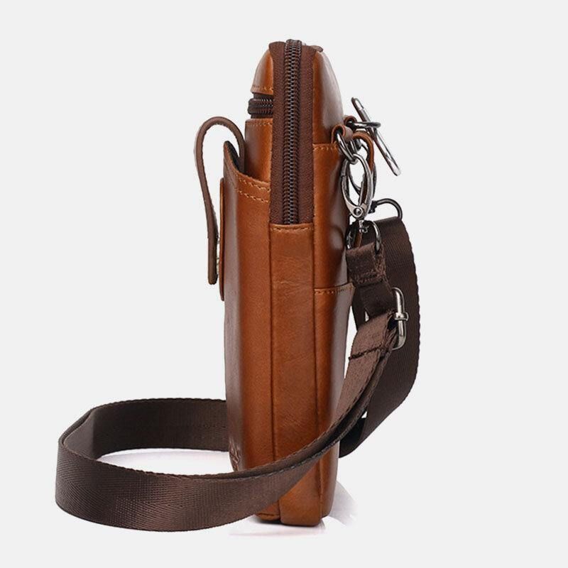 Hommes En Cuir Véritable Vintage Multifonctionnel 6.5 Pouces Fermeture Éclair Moraillon Téléphone Sac Bandoulière Sac Taille Sac