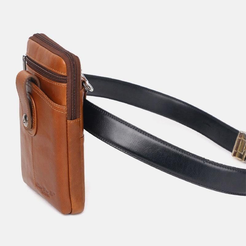 Hommes En Cuir Véritable Vintage Multifonctionnel 6.5 Pouces Fermeture Éclair Moraillon Téléphone Sac Bandoulière Sac Taille Sac