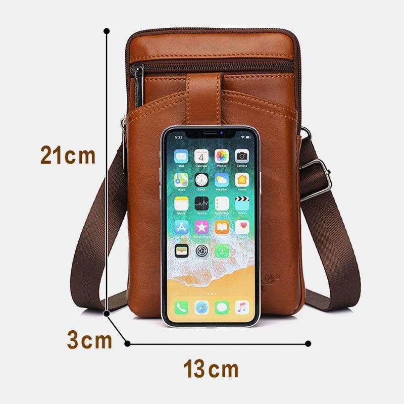 Hommes En Cuir Véritable Vintage Multifonctionnel 6.5 Pouces Fermeture Éclair Moraillon Téléphone Sac Bandoulière Sac Taille Sac