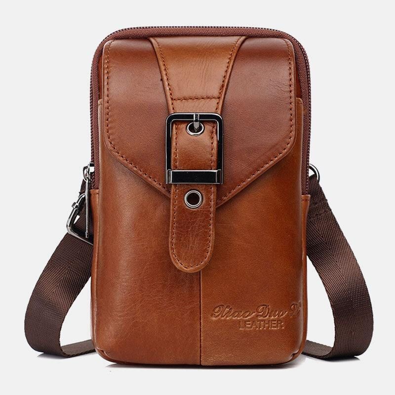 Hommes En Cuir Véritable Vintage Multifonctionnel 6.5 Pouces Mini Téléphone Sac Bandoulière Sac Taille Sac Peau De Vache Sac