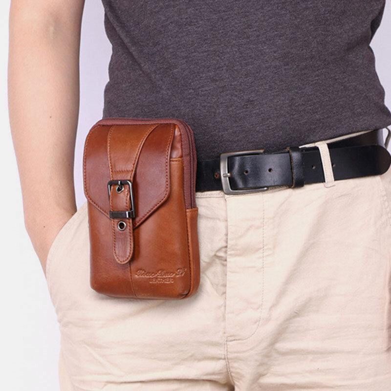 Hommes En Cuir Véritable Vintage Multifonctionnel 6.5 Pouces Mini Téléphone Sac Bandoulière Sac Taille Sac Peau De Vache Sac