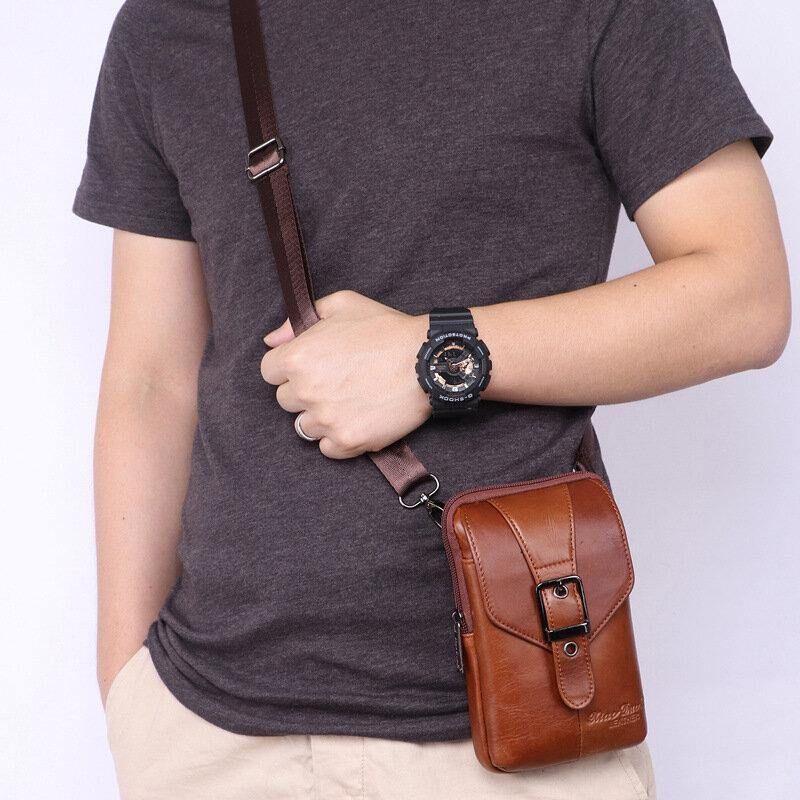 Hommes En Cuir Véritable Vintage Multifonctionnel 6.5 Pouces Mini Téléphone Sac Bandoulière Sac Taille Sac Peau De Vache Sac